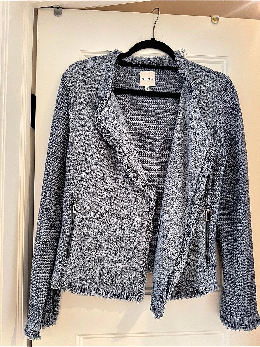 NIC+ZOE Fringe Mix Knit Jacket Gray Medium